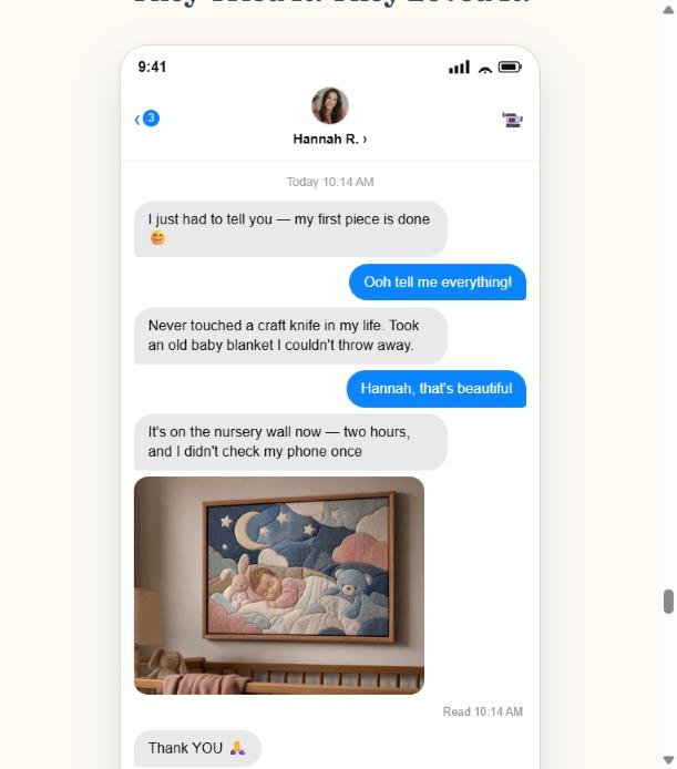Conversation about completing a first fabric picture using an old baby blanket