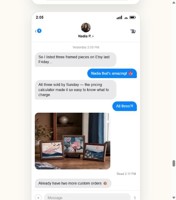 Conversation about selling three framed pieces on Etsy and receiving two custom orders