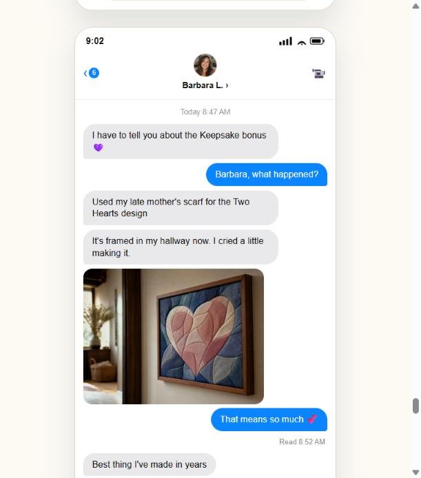 Conversation about making a framed heart with her late mother’s scarf